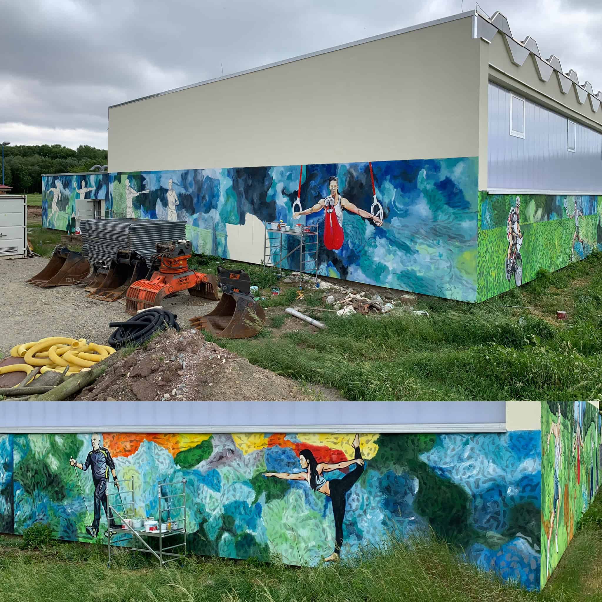 Vibrant mural painting depicting athletes and dynamic scenes on the exterior wall of a building.