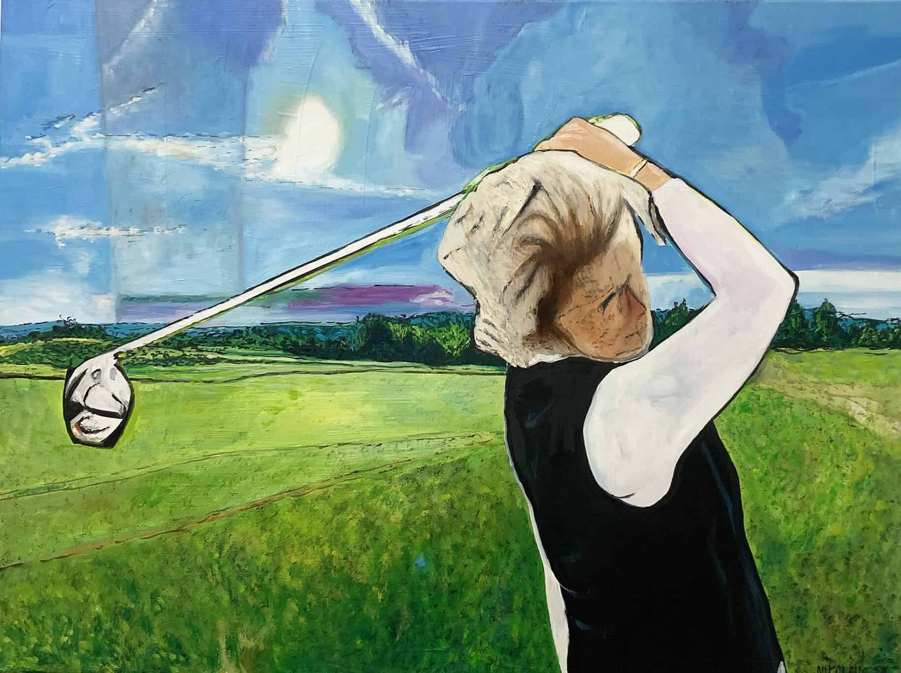 Commissioned artwork by Nikolaus Kriese depicting a golfer in action, perfect for sports enthusiasts and golf lovers. Available for worldwide shipping.