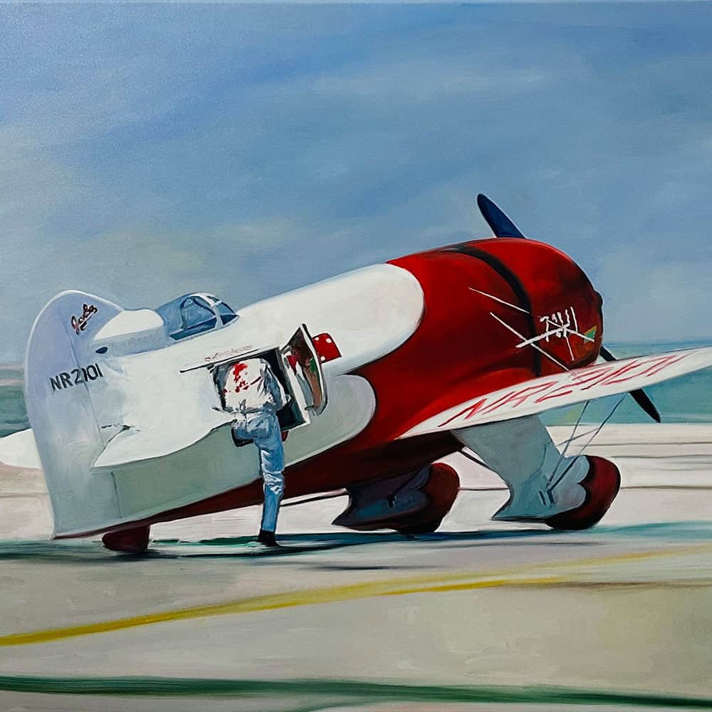 An oil painting of a fighter jet on the runway, showcasing detailed craftsmanship and vibrant colors by artist Nikolaus Kriese.