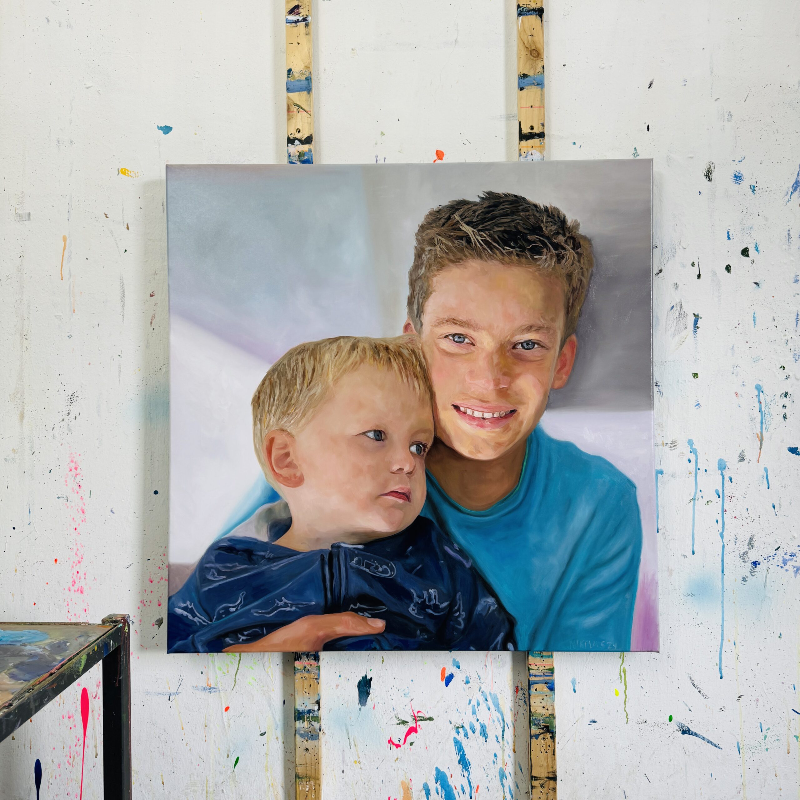 High-quality custom portrait painting of two children, perfect for personal gifts or home decor, by artist Nikolaus Kriese, available for worldwide shipping.