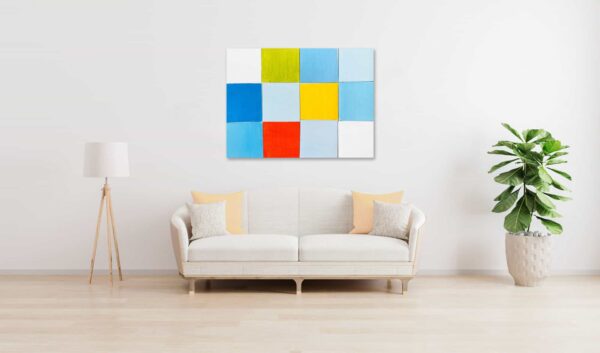 Abstraktes Acrylbild Rotes Quadrat mit Blau und Gelb wandbild