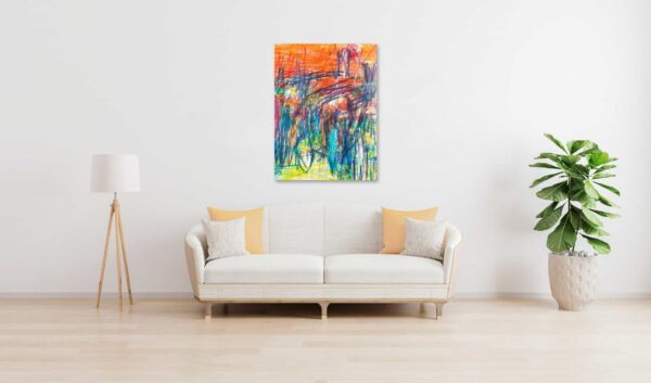 Abstraktes Acrylbild expressive Leichtigkeit mit Orange und Grün wandbild