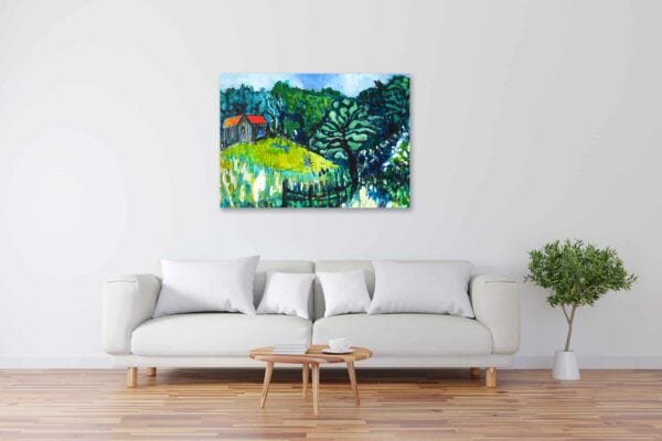 Acryl Gemälde abstrakte Landschaft mit Haus im Wald bild kaufen