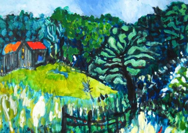 Acryl Gemälde abstrakte Landschaft mit Haus im Wald