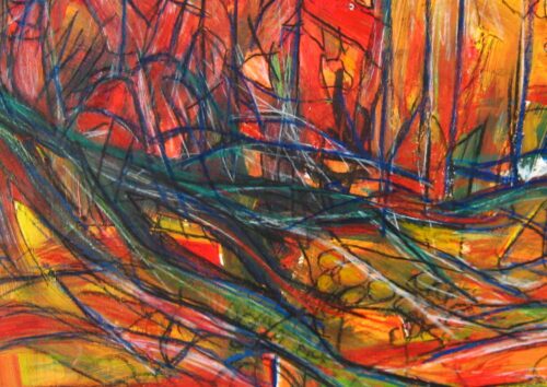 Acryl Gemälde abstrakte rote Landschaft mit Linien