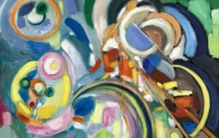 Vibrant abstract painting by Nikolaus Kriese, featuring colorful concentric circles and dynamic brushstrokes, available for worldwide shipping from Commission Artist.