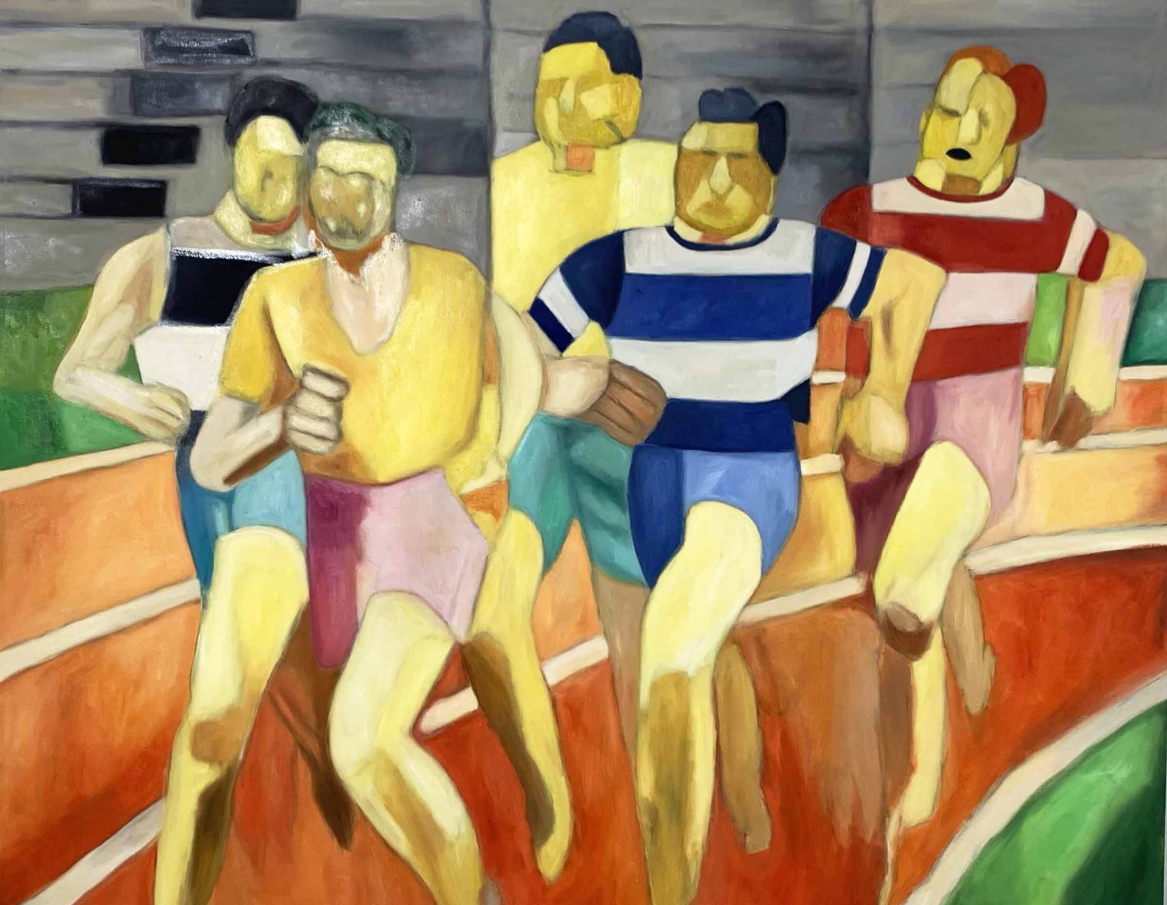 Colorful painting of five abstract figures sitting on a curved stadium bench, depicting a vibrant and modern artistic style, with a focus on bold colors and geometric shapes.