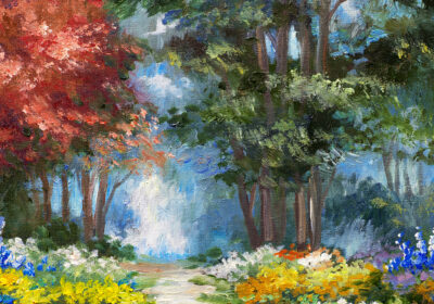 Landschaftsmalerei im Wald mit Blumen
