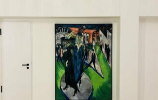 Vibrant oil painting by Nikolaus Kriese depicting a surreal scene with expressive figures and colorful architecture, available for worldwide commissions and shipping.