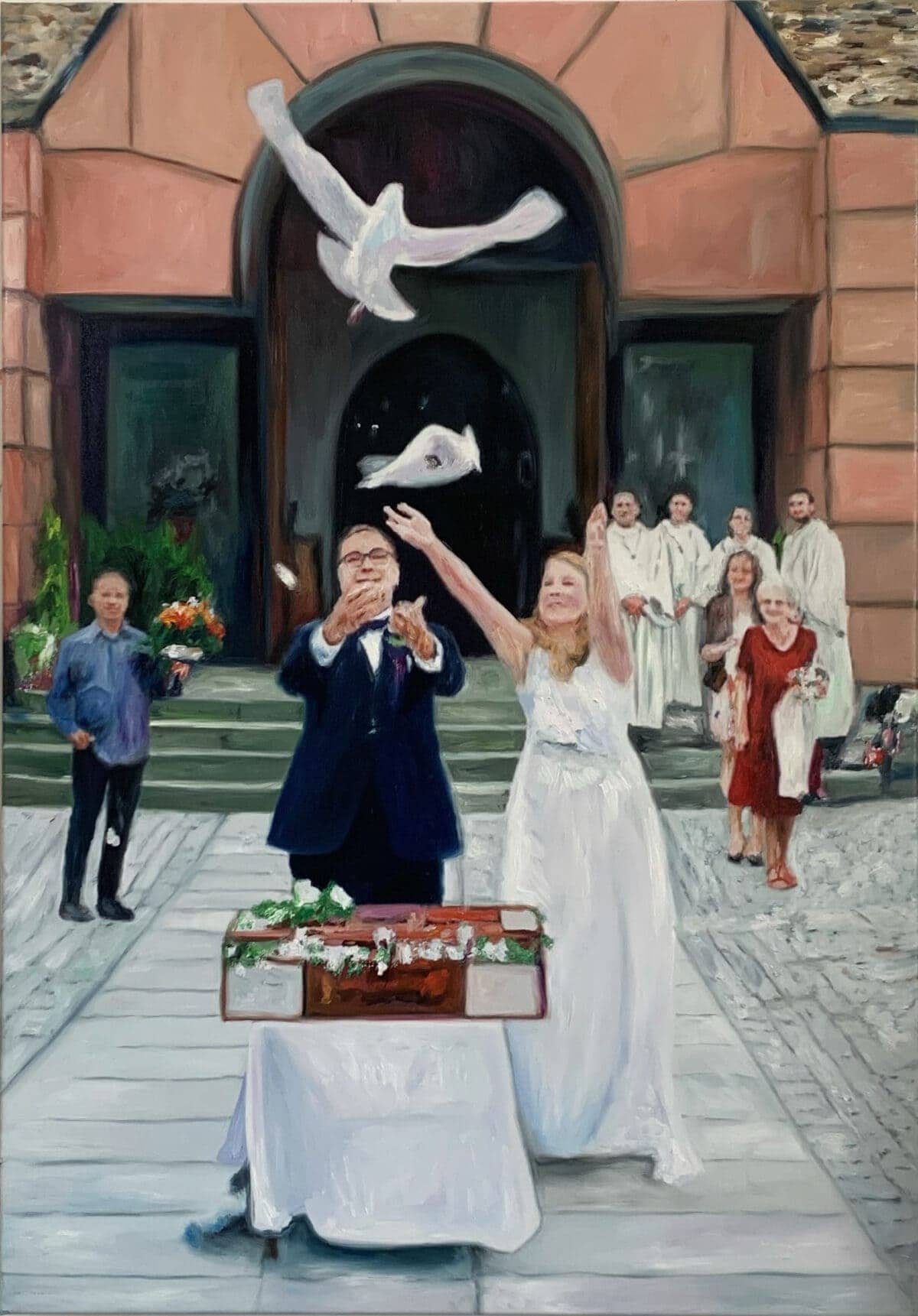 portrait-painting-wedding-before-church-with-doves