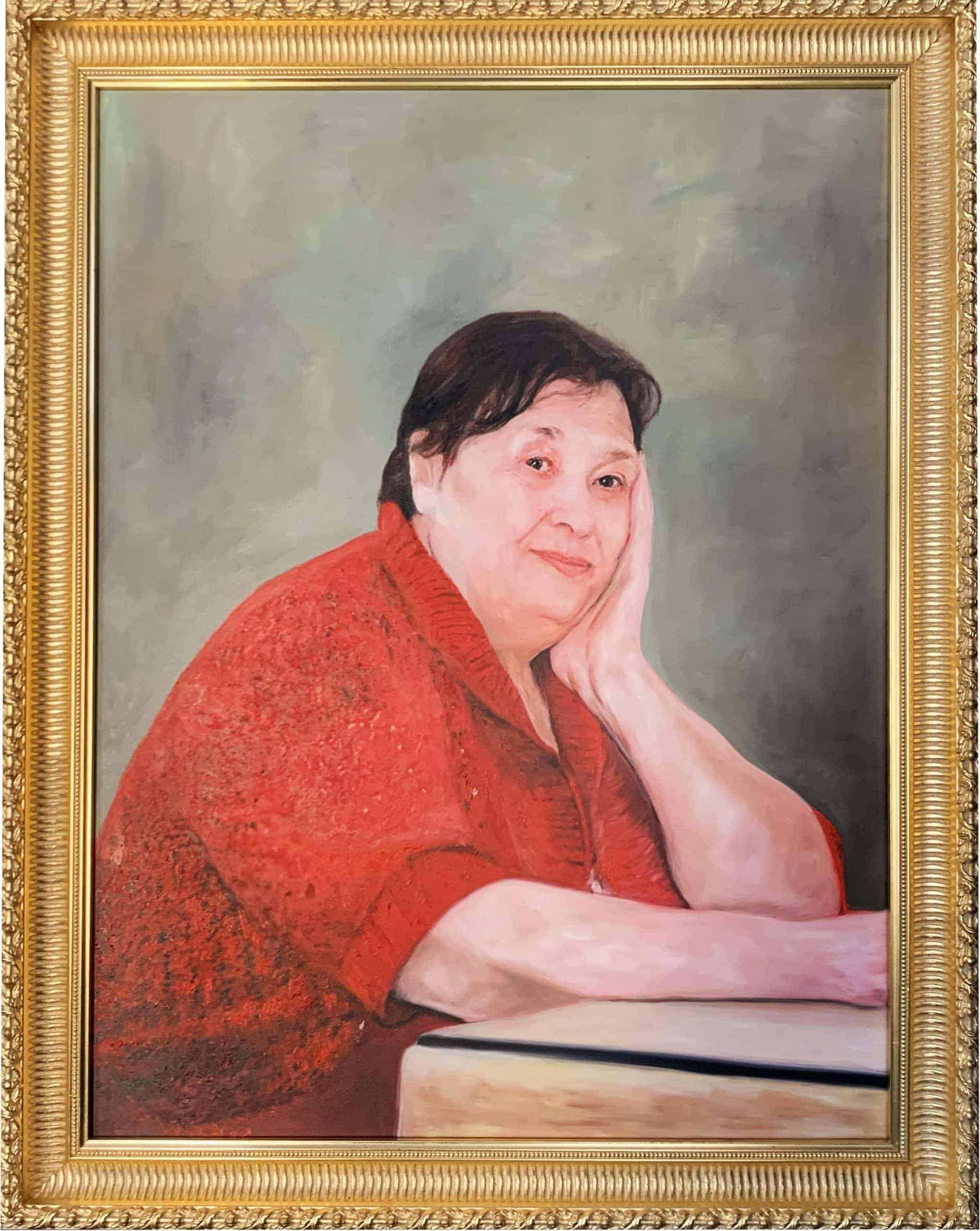Hand-painted portrait of a woman in a red jacket, created by Nikolaus Kriese, available for worldwide shipping, showcasing professional portrait artistry.