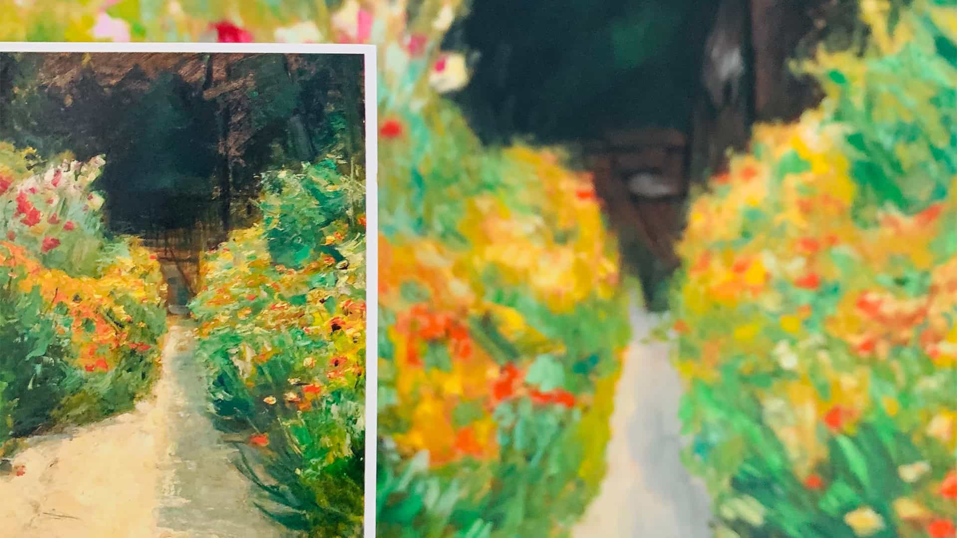 Vibrant impressionist-style painting of a garden with a pathway surrounded by colorful flowers and dense green foliage, created by artist Nikolaus Kriese.