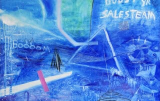 Nikolaus Kriese's vibrant abstract painting features dynamic blue tones with energetic brushstrokes and layered textures, creating a captivating visual experience.