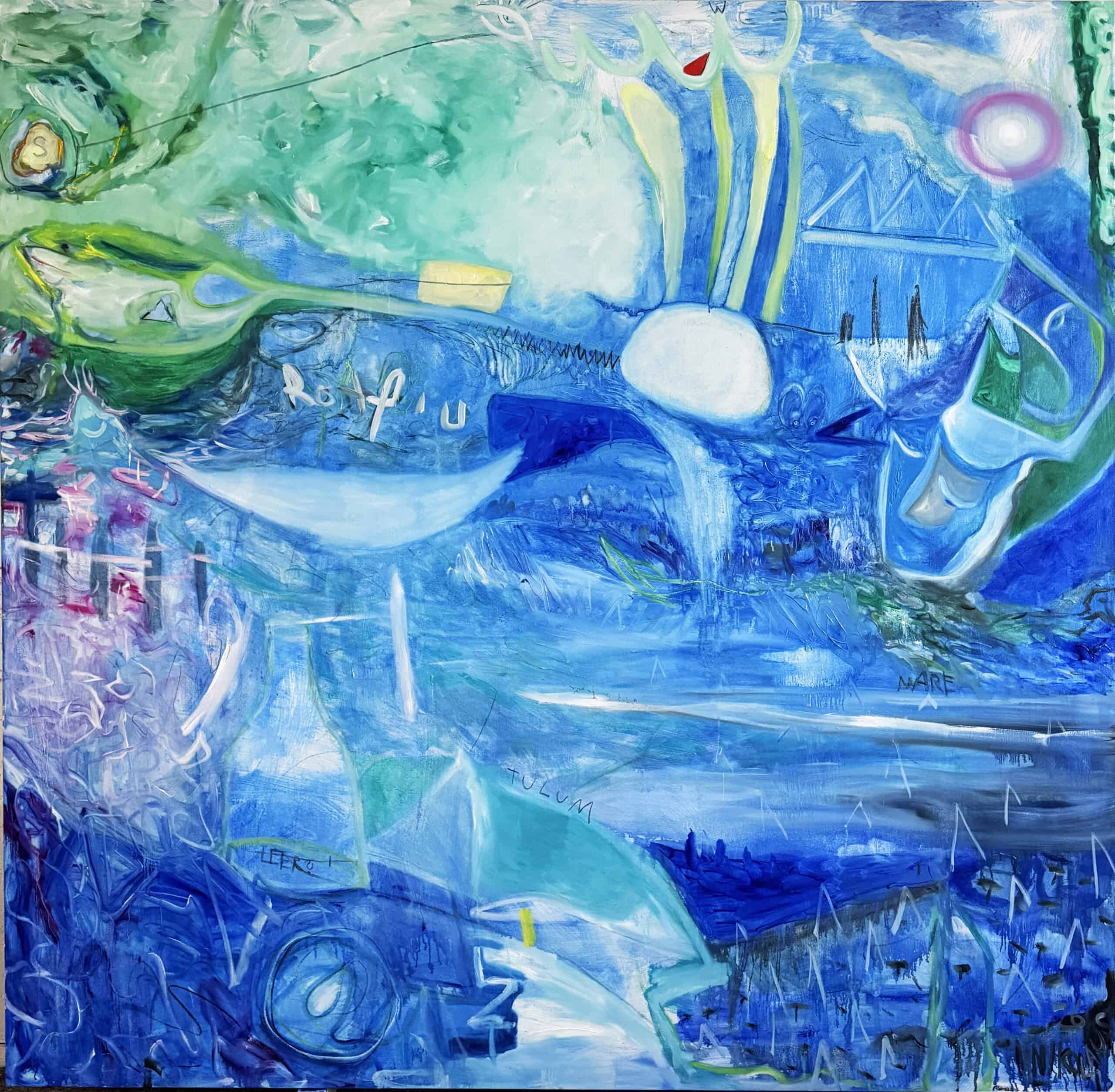 A vibrant abstract painting featuring dynamic blue, green, and white hues with energetic brushstrokes and geometric shapes, showcasing Nikolaus Kriese's unique artistic style.