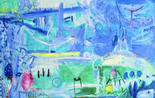 An abstract painting featuring dynamic blue, green, and pink hues with playful shapes and textures, showcasing Nikolaus Kriese's unique artistic style.