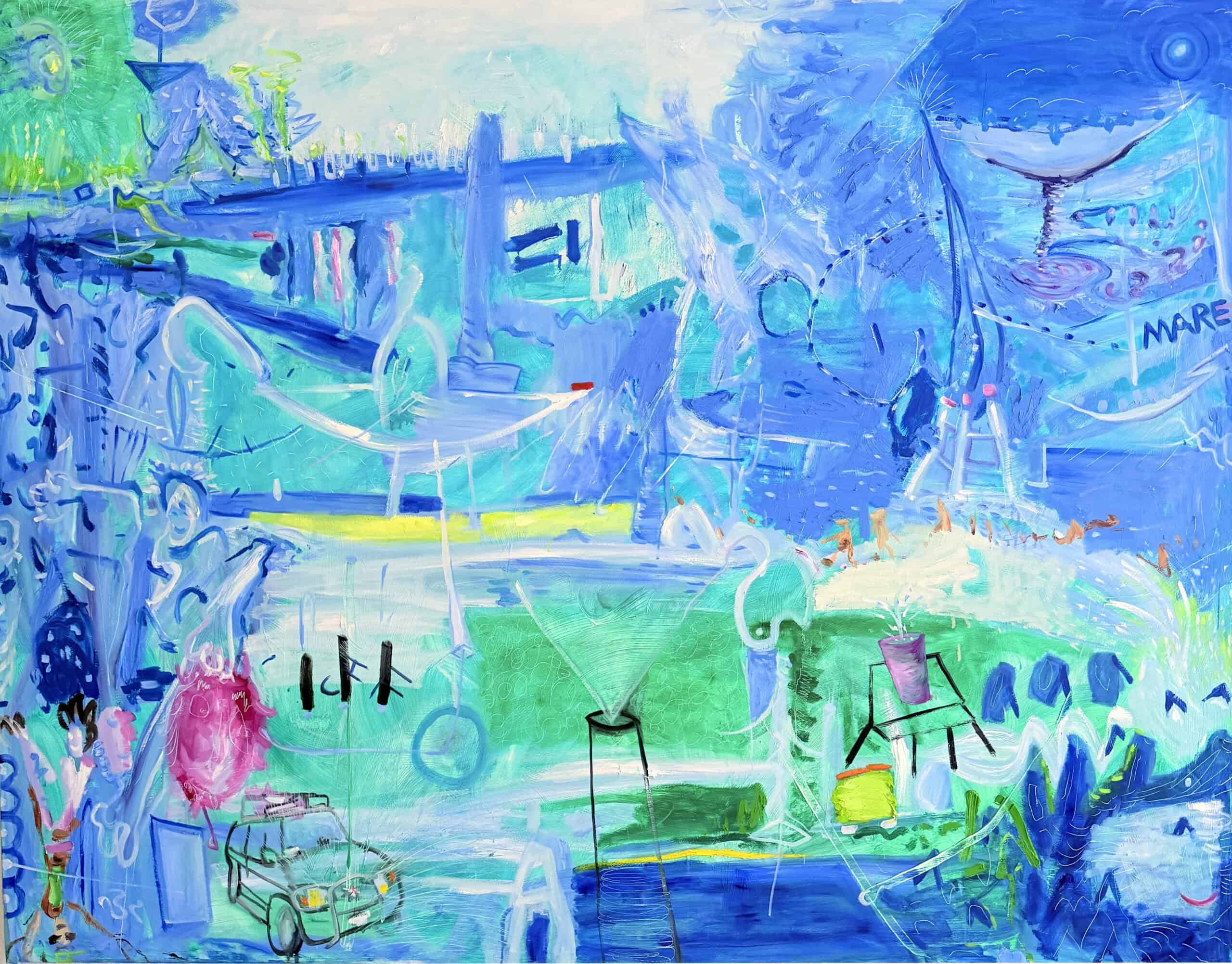 An abstract painting featuring dynamic blue, green, and pink hues with playful shapes and textures, showcasing Nikolaus Kriese's unique artistic style.