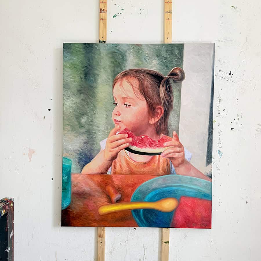 A vibrant portrait of a young girl savoring watermelon, created by Nikolaus Kriese, displayed on an art easel. International shipping available, perfect for art collectors and enthusiasts worldwide.