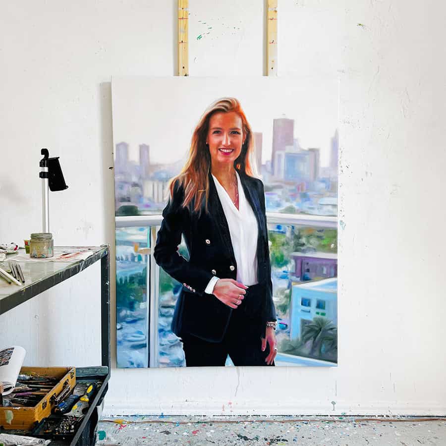 High-quality portrait painting of a smiling woman in professional attire, created by Nikolaus Kriese, showcasing detailed brushwork and vibrant colors in a modern art style.