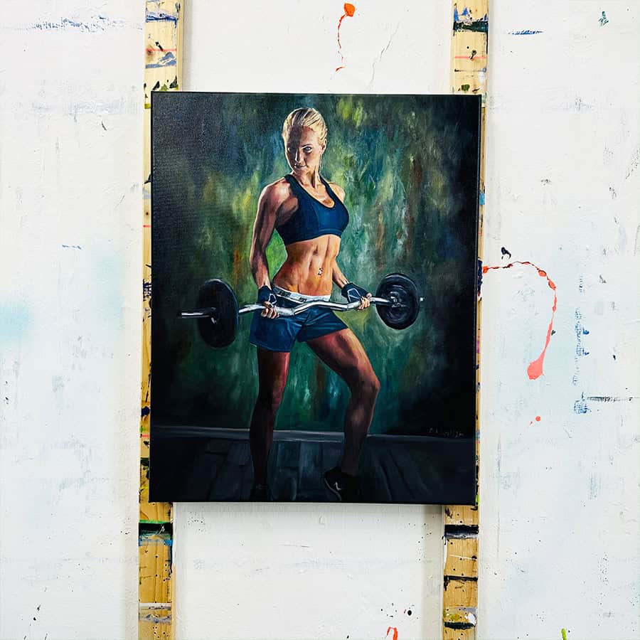 High-quality portrait of a fit woman lifting weights, showcasing muscular physique, detailed brushwork, vibrant colors, and dynamic background, created by Nikolaus Kriese, ready for worldwide shipping.