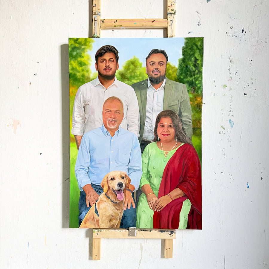 Vibrant family portrait painted on canvas, featuring four family members and their dog, with lush green background, created by Nikolaus Kriese for worldwide shipping.