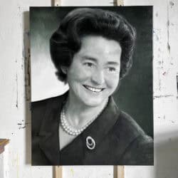 A stunning grayscale portrait of Queen Elizabeth II, capturing her distinguished features and regal attire with intricate detail. Perfect for art lovers and collectors worldwide.