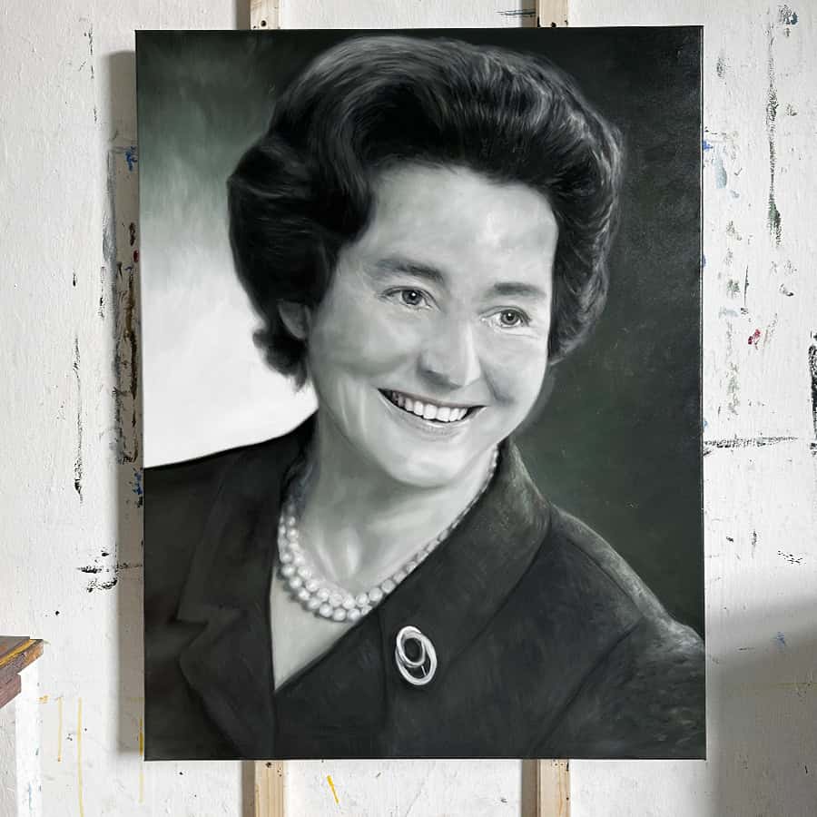 A stunning grayscale portrait of Queen Elizabeth II, capturing her distinguished features and regal attire with intricate detail. Perfect for art lovers and collectors worldwide.