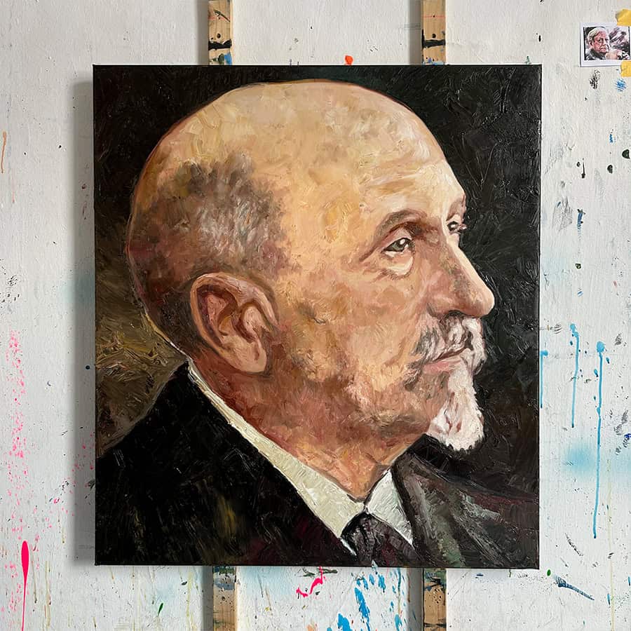 A detailed oil painting portrait of a senior man with a contemplative expression, painted by Nikolaus Kriese, showcasing realistic technique and fine brushwork, perfect for art collectors worldwide.