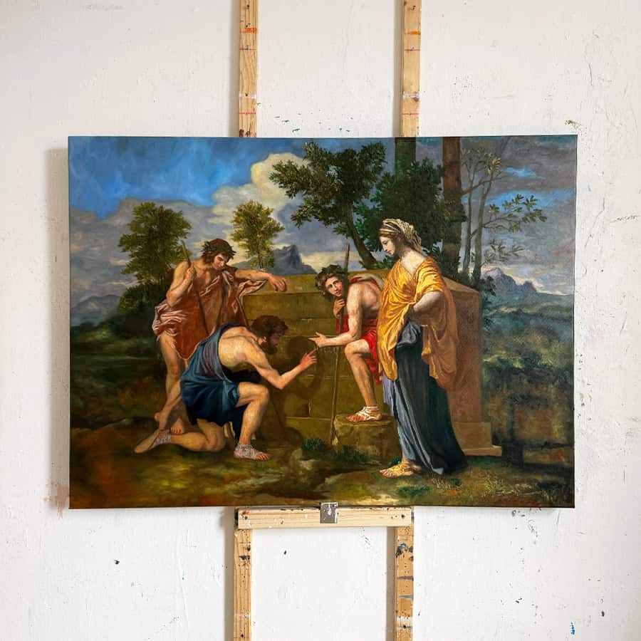 Detailed oil painting depicting a classical scene with four figures in a lush outdoor setting, showcasing intricate brushwork and vibrant colors.