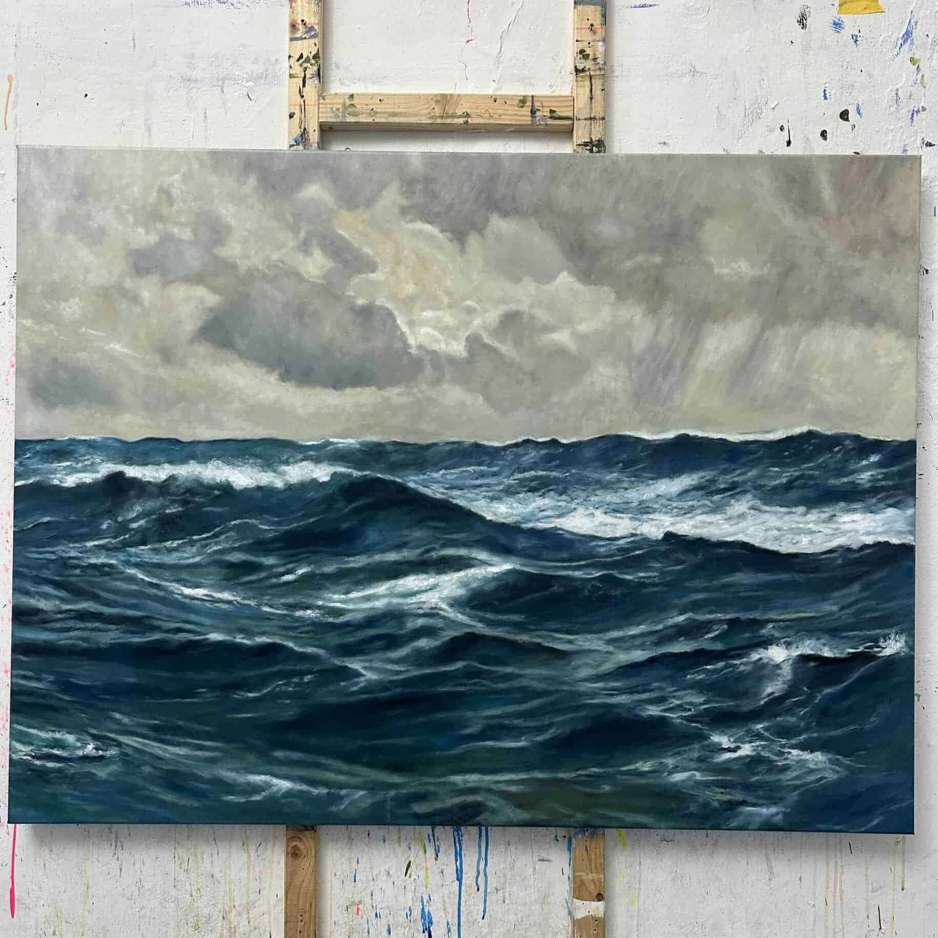 A detailed oil painting of a turbulent ocean under a cloudy sky, showcasing dynamic waves and stormy weather, created by artist Nikolaus Kriese.