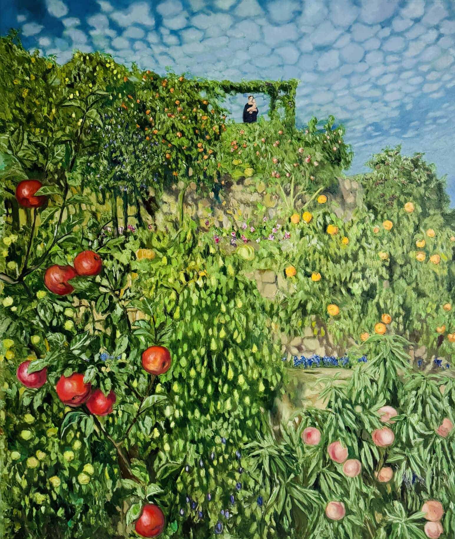 A colorful painting of an orchard featuring apple trees, blooming flowers, and a person standing on a hilltop amidst the vibrant landscape under a partly cloudy sky.