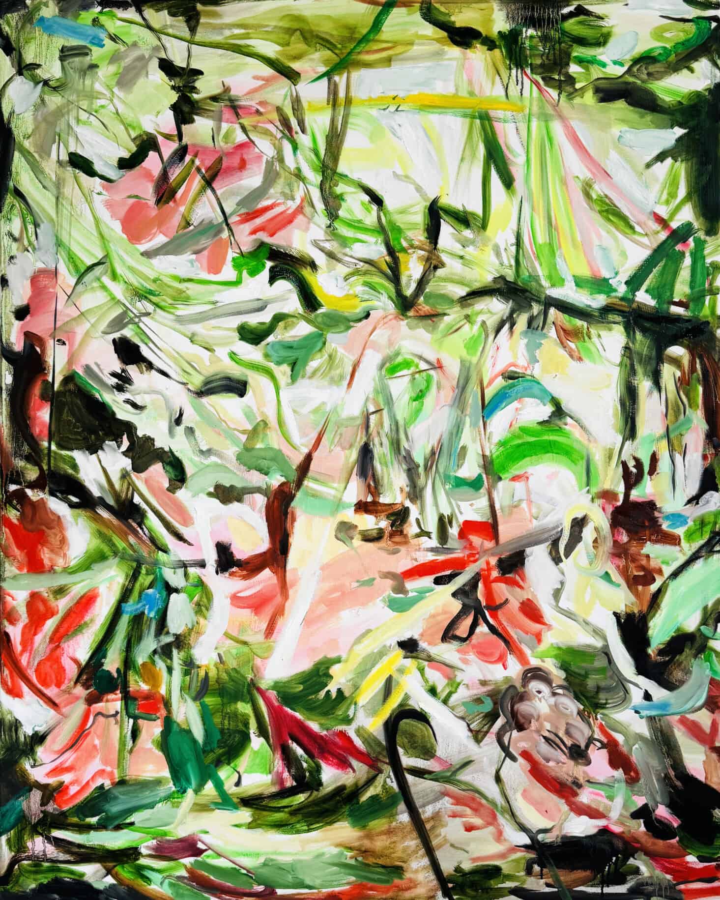 A vibrant, abstract watercolor painting by Nikolaus Kriese featuring a lush, colorful garden scene with dynamic brushstrokes and lively hues.