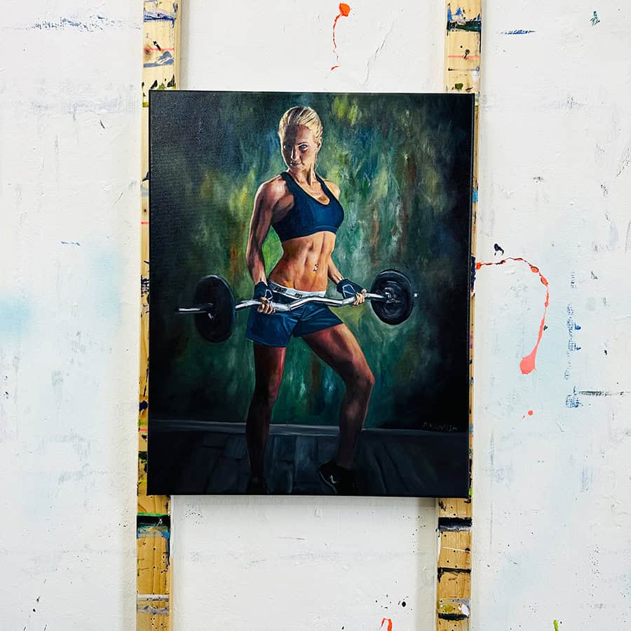 Realistic Athlete Portrait Painting of a fit woman lifting a barbell in a gym setting, showcasing strength and determination.