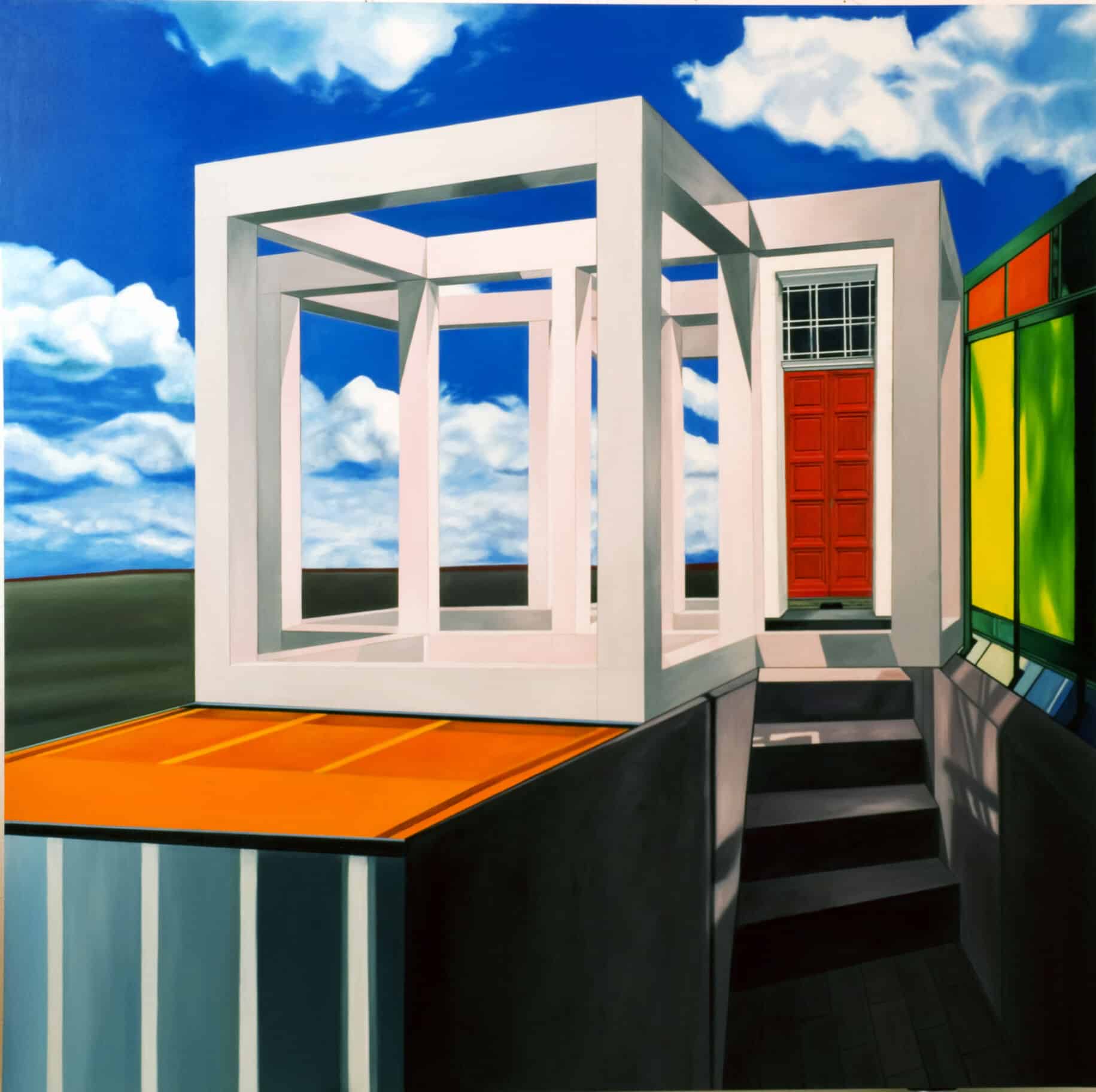 Commission a Contemporary Artist – Minimalist Architectural Structure under Blue Sky with Clean Geometry and Refined Fine Art Texture