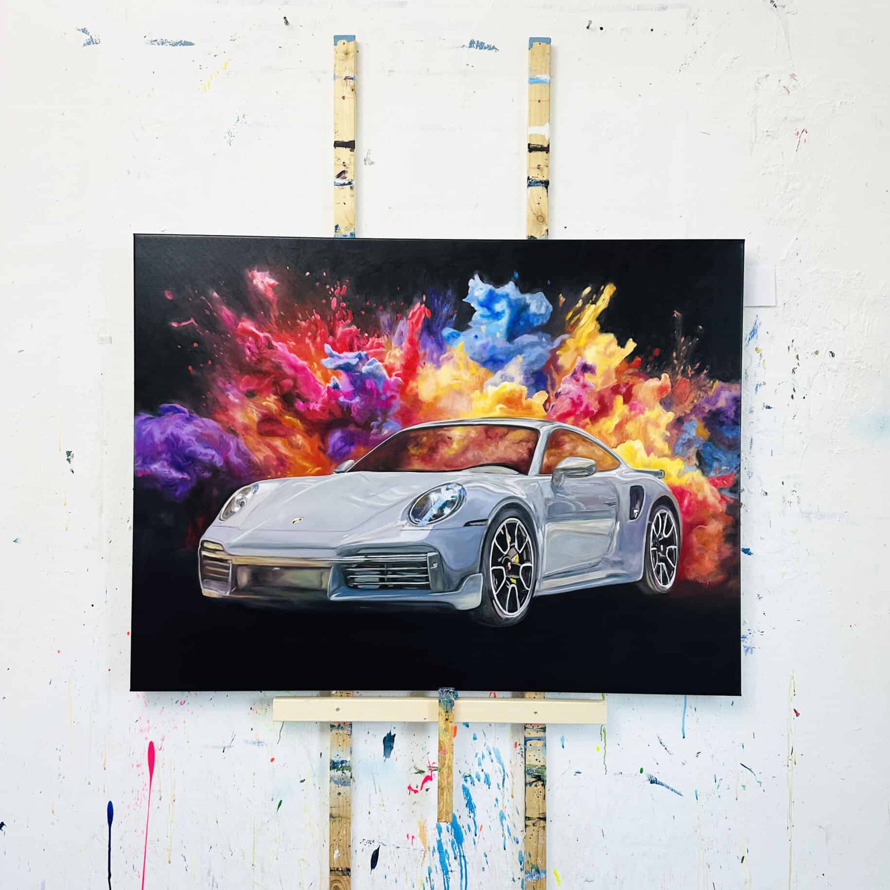 Stunning painting of a Porsche sports car with vibrant, colorful background, created by artist Nikolaus Kriese, available for worldwide shipping.