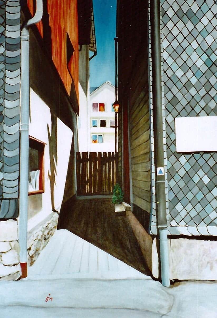 Contemporary Artist Commission – Narrow Alleyway Perspective Study, Crisp Lines with Brushwork Close-Up and Refined Fine Art Texture