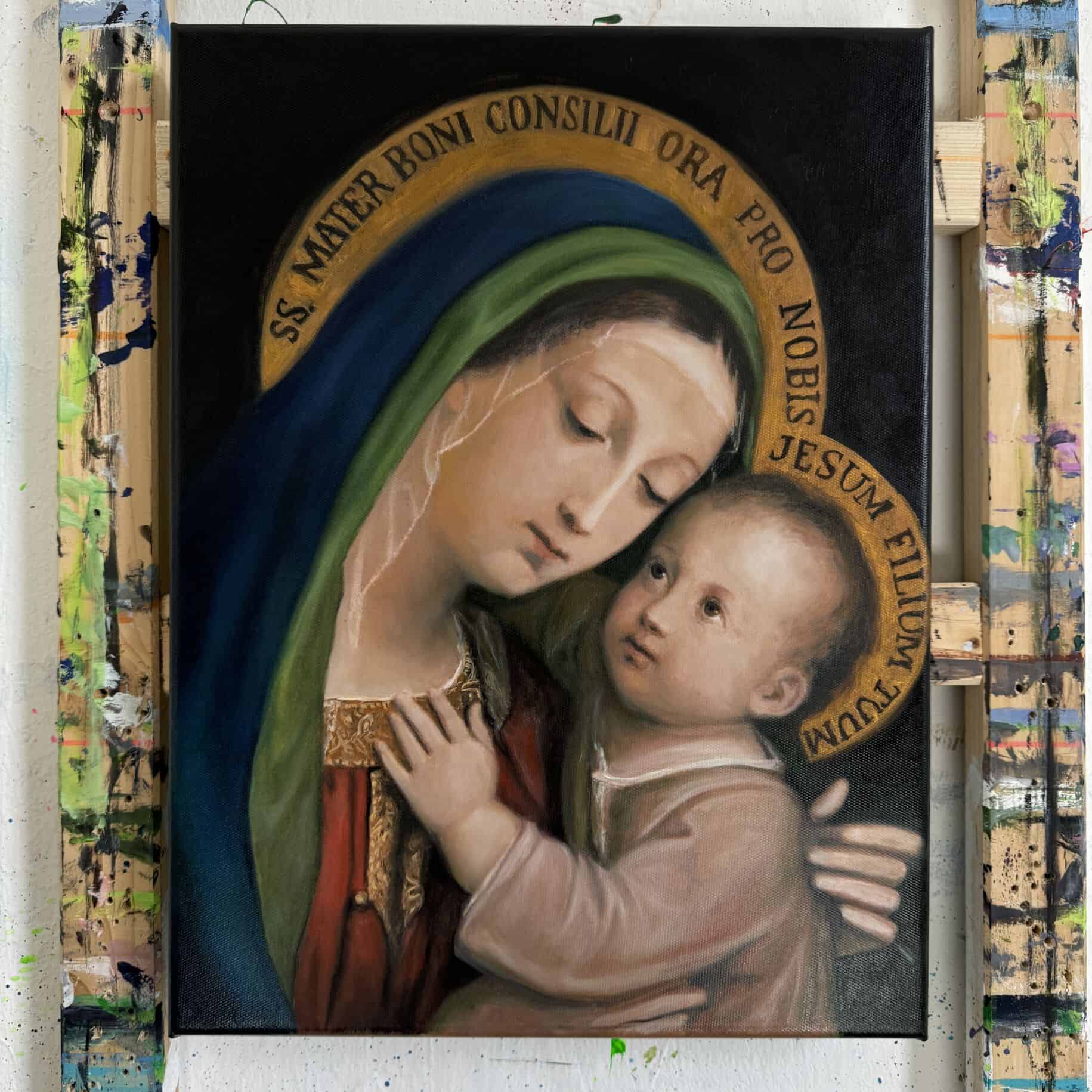 Religious painting of the Virgin Mary holding baby Jesus, with Latin inscription, Commissioned Art Copy created by Nikolaus Kriese, shipping worldwide.