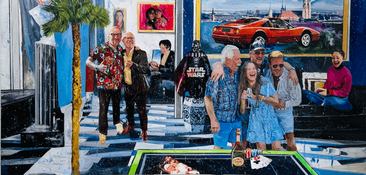 Group of people celebrating at an art gallery opening with colorful paintings and a red sports car in the background.