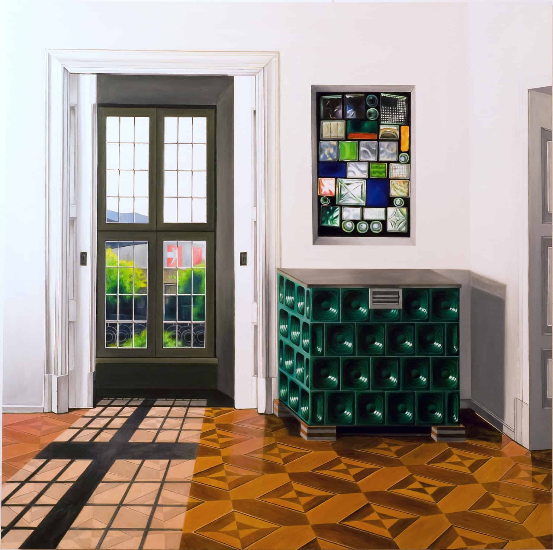 Artistic installation by Nikolaus Kriese featuring a colorful framed artwork and a green storage unit in a bright, modern interior with patterned wooden flooring.
