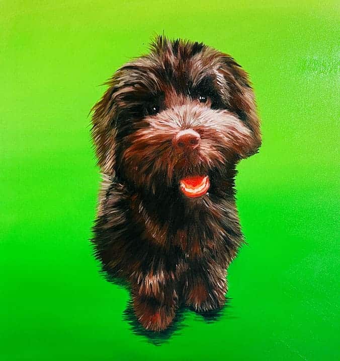 Commissioned Art Painting Dog with a happy expression on a vibrant green background.