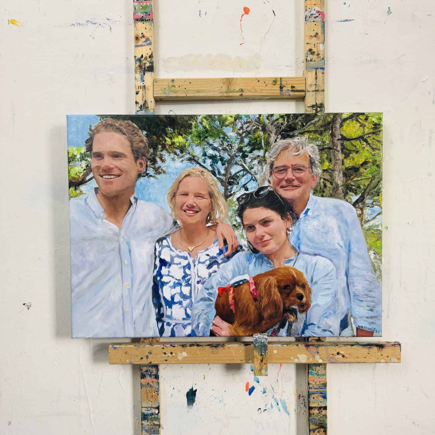Family portrait painting featuring four family members and a dog, created by Nikolaus Kriese, available for international shipping.