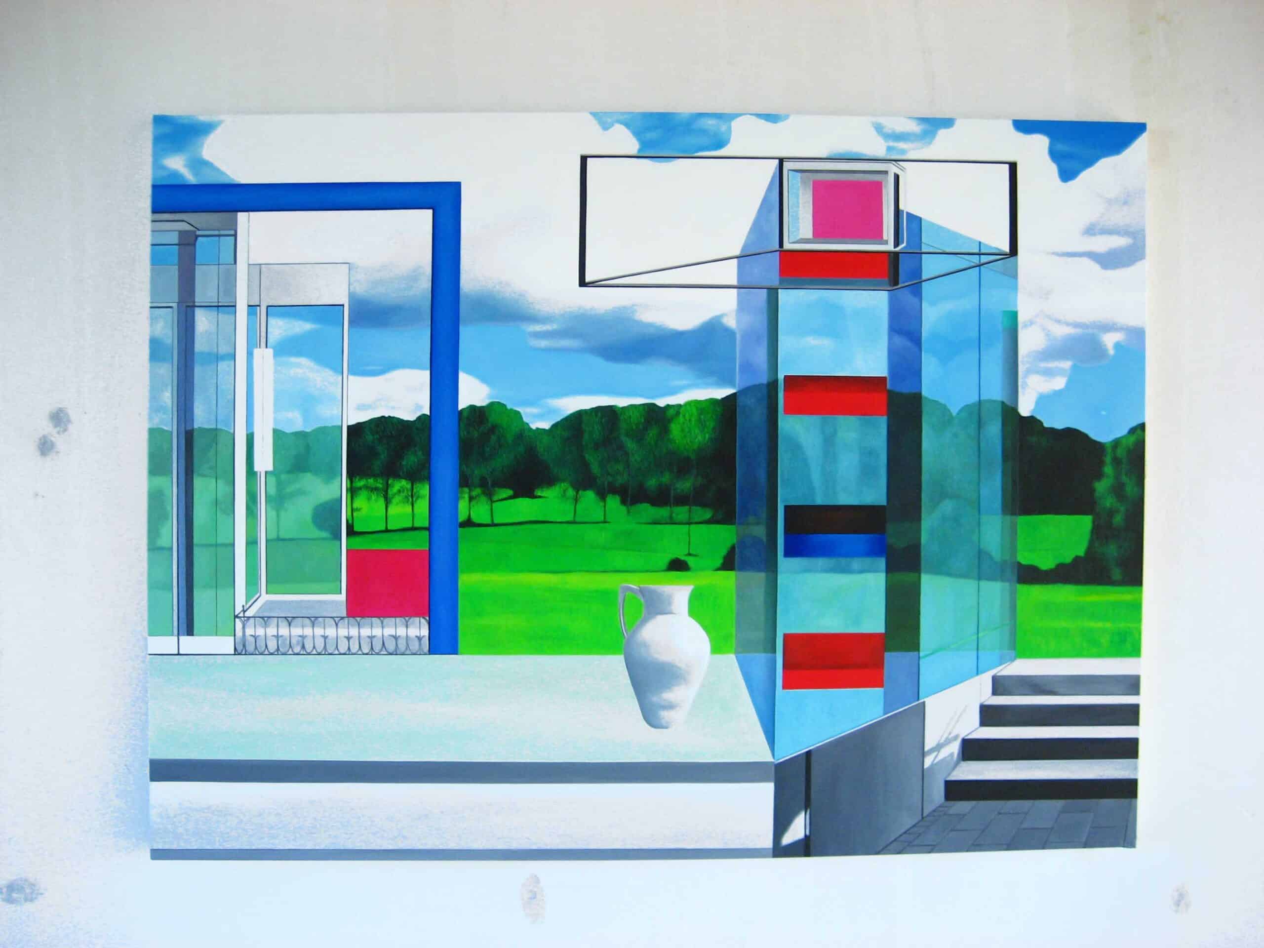 Contemporary Artist Commission – Modern Architectural Landscape with Glass Structure, Bold Color Accents, Subtle Abstract Detail and Refined Fine Art Texture