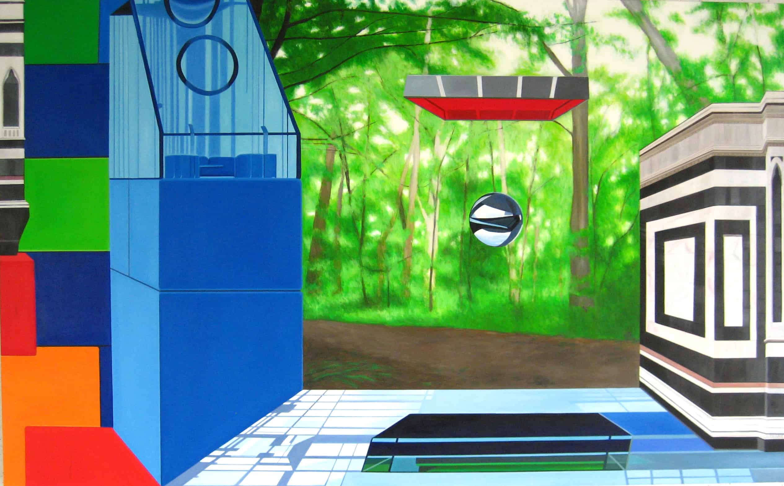 Custom Contemporary Artist Painting – Surreal Forest Installation with Floating Sphere, Luminous Green Atmosphere and Subtle Painterly Texture