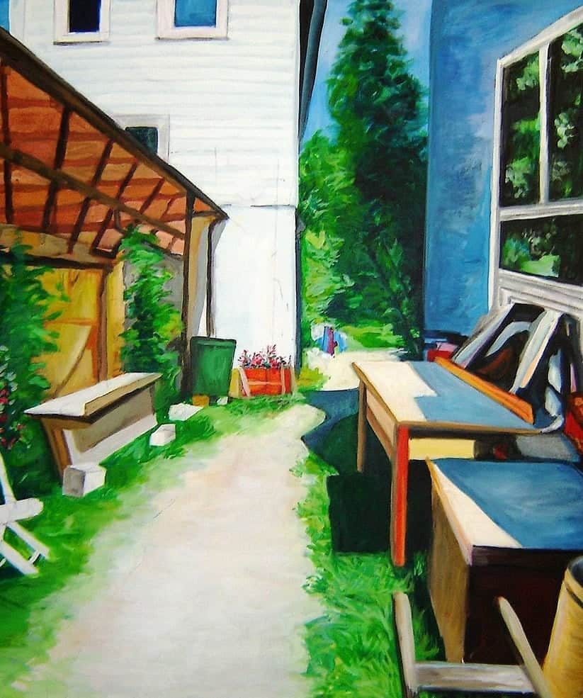 Custom Contemporary Artist – Sunlit Workshop Garden Pathway, Lush Greenery with Painterly Texture, Subtle Abstract Detail and Fine Art Texture