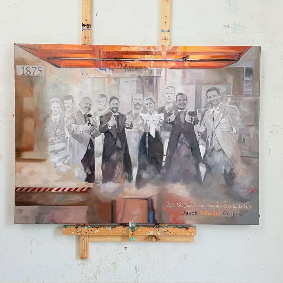 Painting by Nikolaus Kriese depicting a group of people in formal attire, showcasing his commissioned artwork available for worldwide shipping.