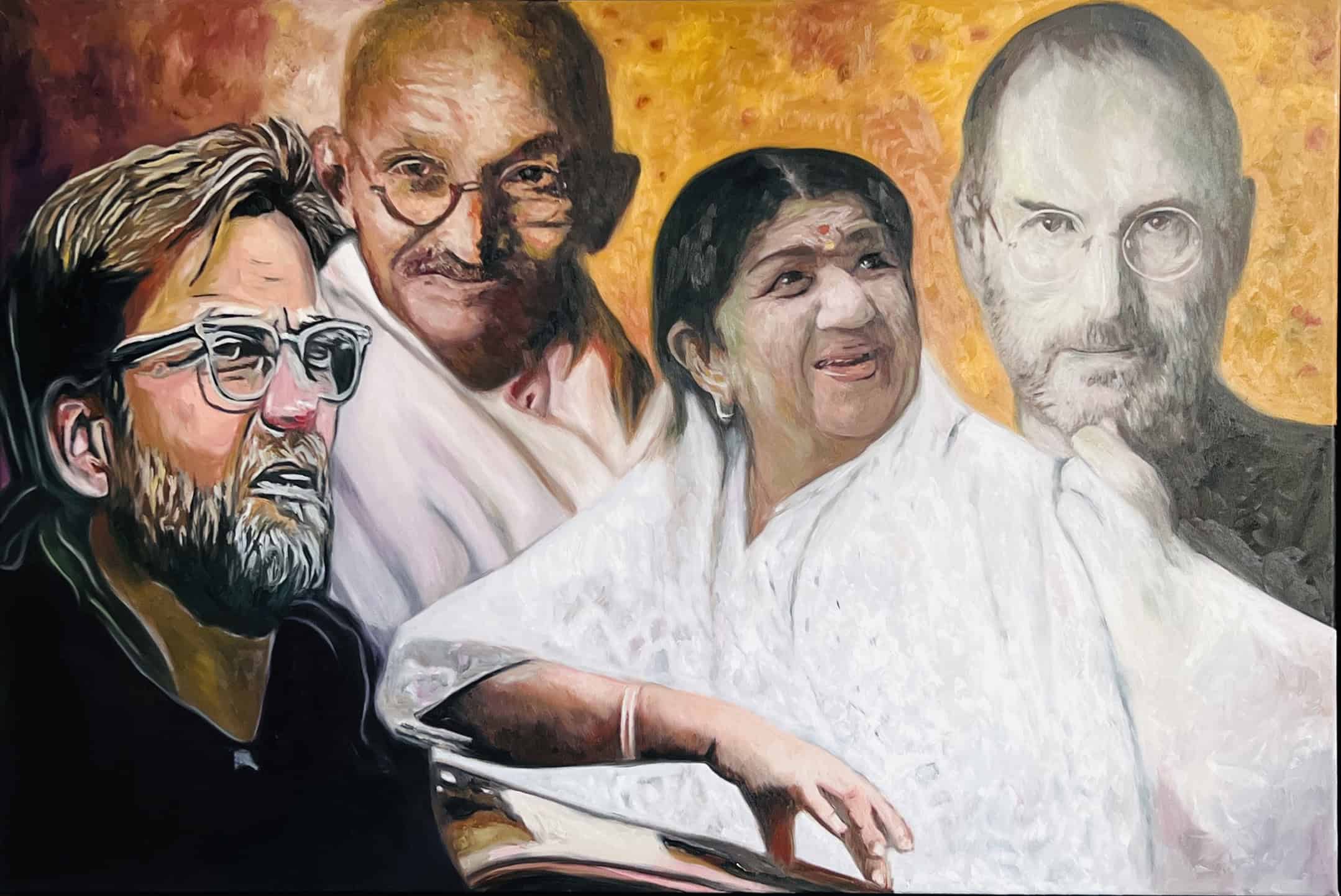 A detailed, colorful painting of four people, including a woman in white, an elderly man, a woman with glasses, and a man with a beard, showcasing Nikolaus Kriese's artistic style.
