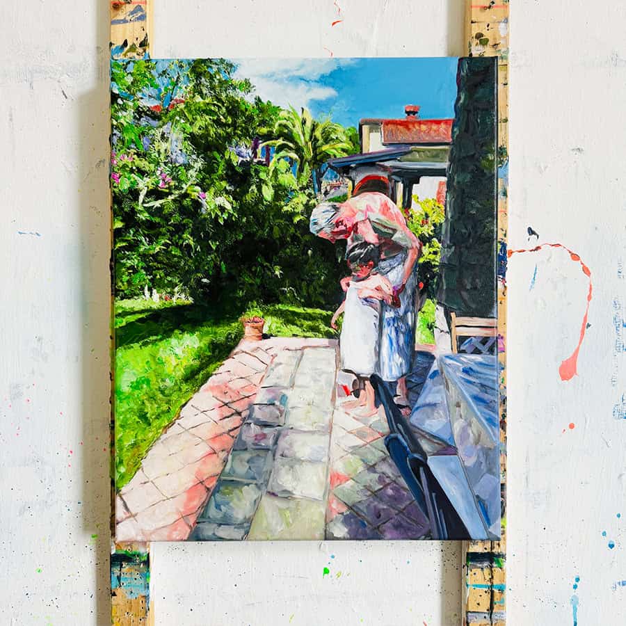 Style painting of a couple walking along a garden path on a sunny day, surrounded by lush greenery and vibrant flowers, with a house in the background.