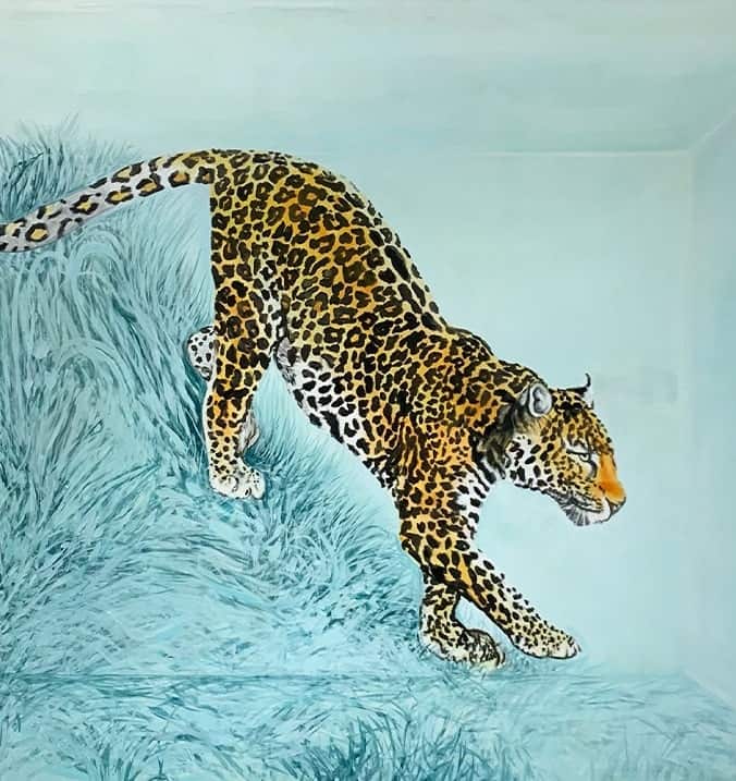 Leopard walking on grass, depicted in a detailed painting by Nikolaus Kriese, showcasing his skill in capturing wildlife with vibrant colors and realistic textures.