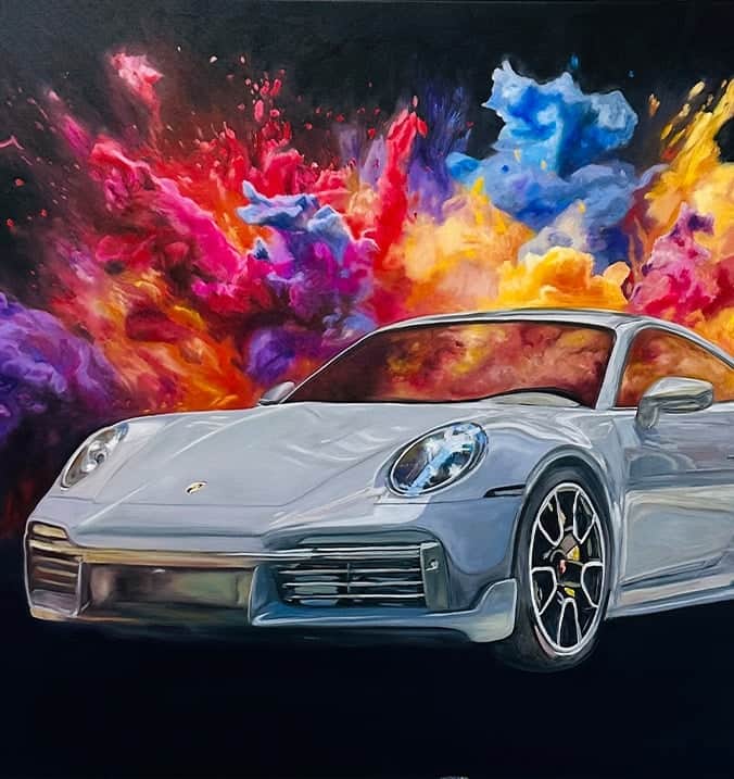 Stunning painting of a silver Porsche sports car with vibrant, colorful explosion background, showcasing the artist Nikolaus Kriese's dynamic style and worldwide shipping.