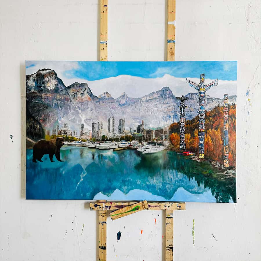 Colorful landscape painting by Nikolaus Kriese featuring mountains, cityscape, and a bear, showcasing his international shipping service.
