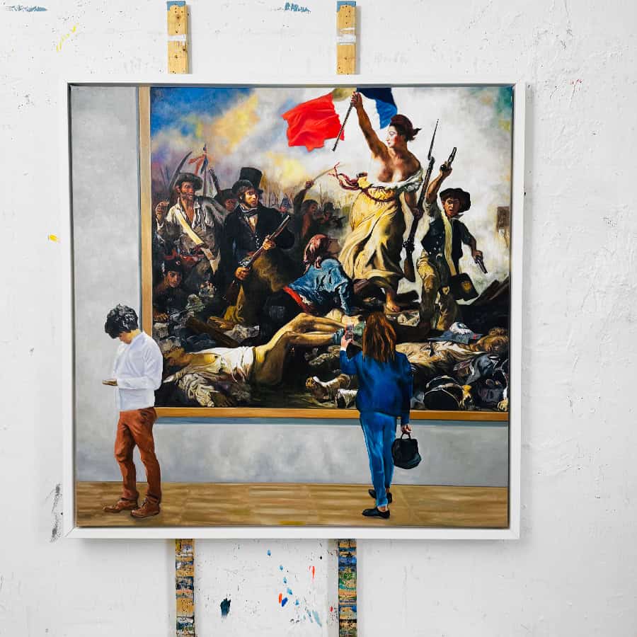 Painting by Nikolaus Kriese depicting a historical battle scene with soldiers and a woman holding a red flag, displayed in an art gallery.